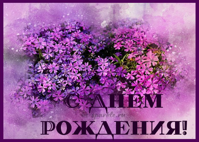 открытка на день рождения с фиолетовыми цветами