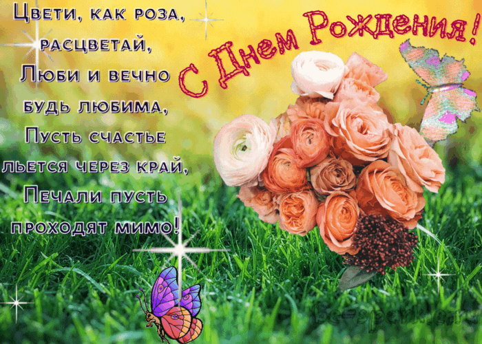 с днем рождения женщине анимационная открытка с розами и бабочками