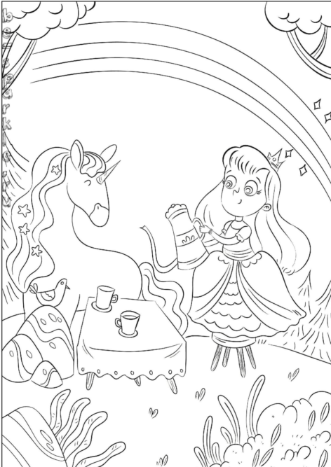 принцесса и единорог пьют чай раскраска