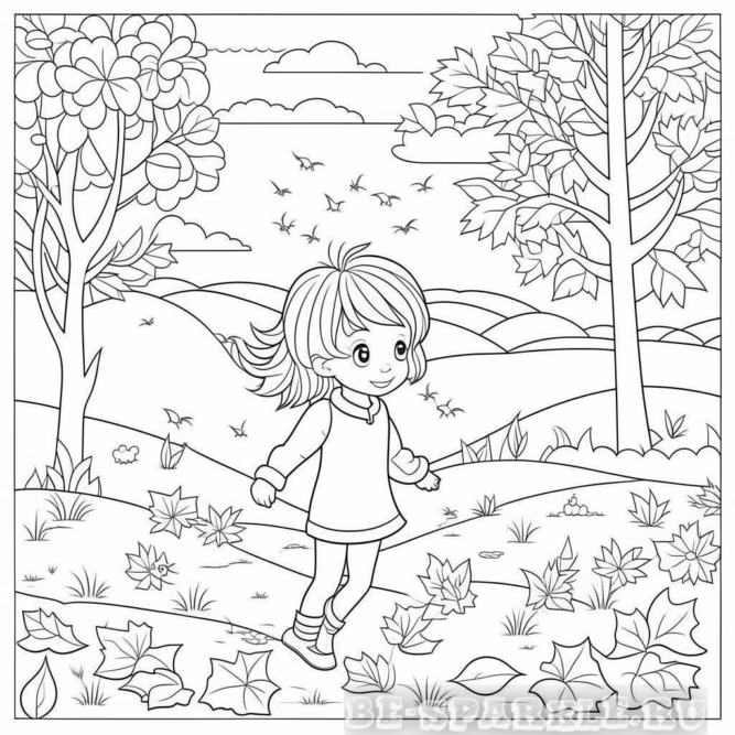 Девочка бегает по опавшим листьям осенью раскраска