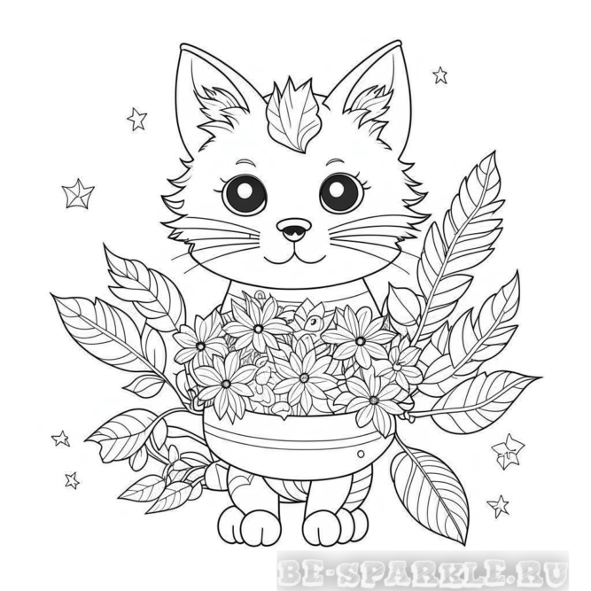 Раскраска котик с вазоном цветов и листьев