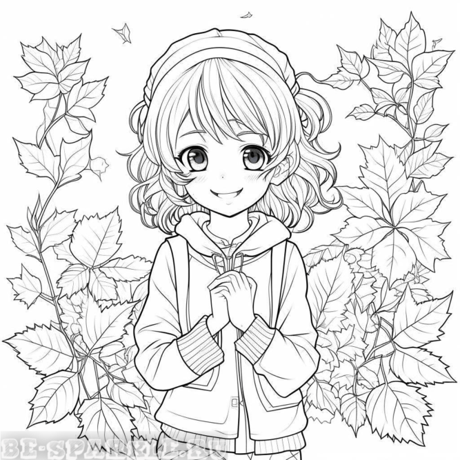 Раскраска девочка на фоне листьев осенью