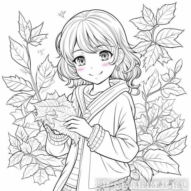 Раскраска девочка на фоне листьев держит листики