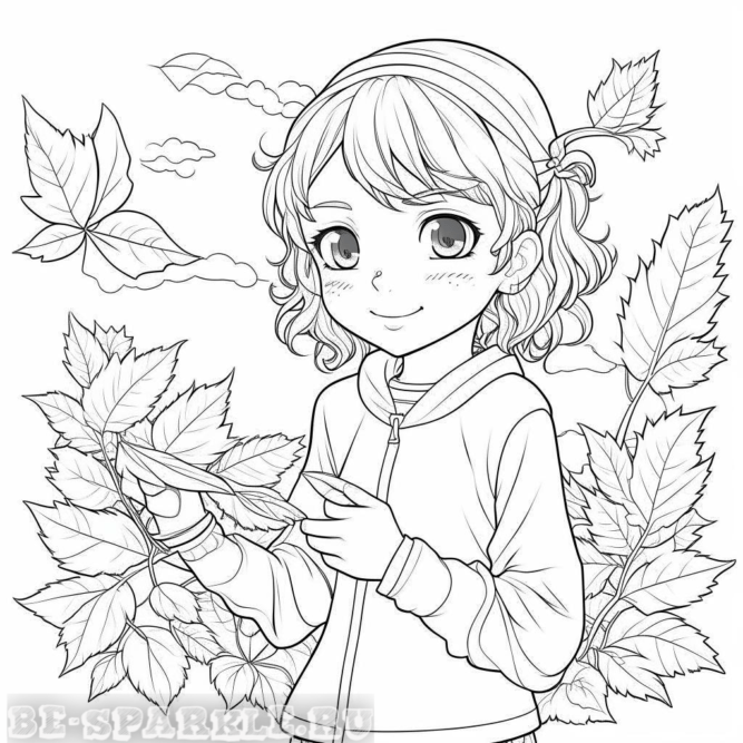 Раскраска девочка осенью на фоне листьев
