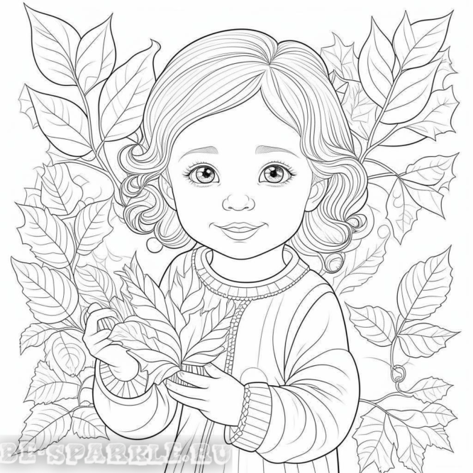 Раскраска маленькая девочка с листьями