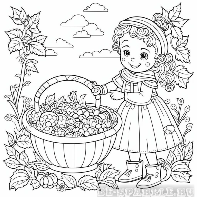 Девочка осенью держит корзину с урожаем раскраска