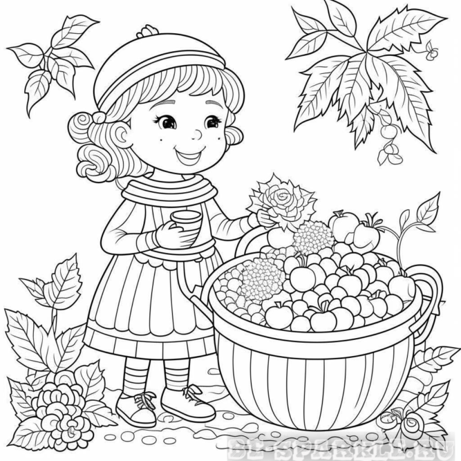Раскраска девочка с корзиной помидоров
