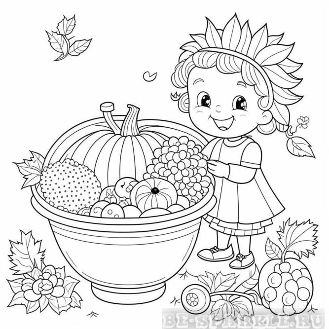 Осенняя раскраска девочка и урожай