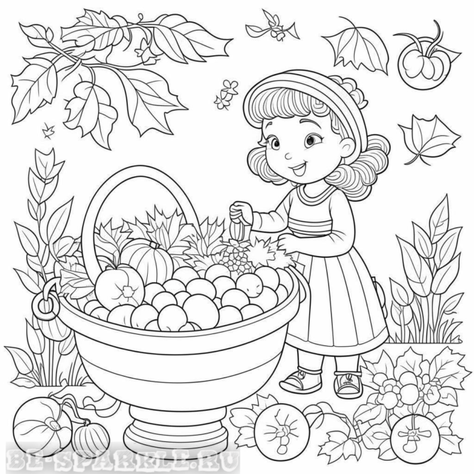 Раскраска для детей осенью девочка радуется урожаю