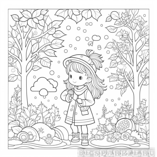 Раскраска девочка гуляет осенью