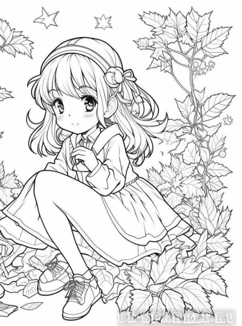 Раскраска осень девочка сидит на листьях