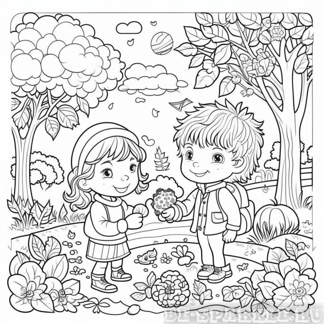 Раскраска осень мальчик и девочка на природе