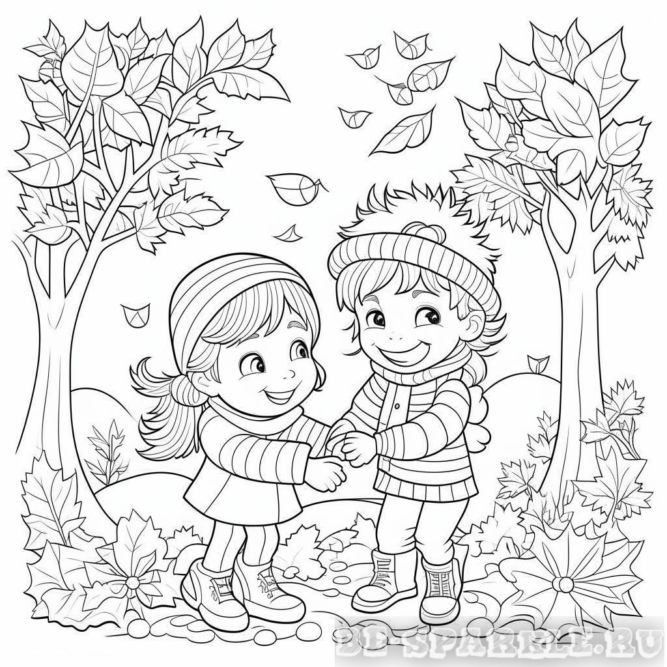 Раскраска мальчик и девочка играют осенью на природе