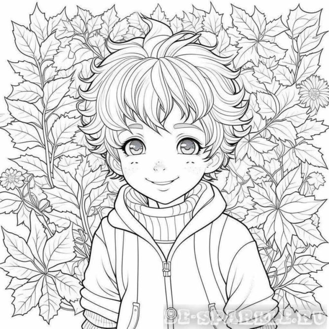 раскраска мальчик на фоне листьев