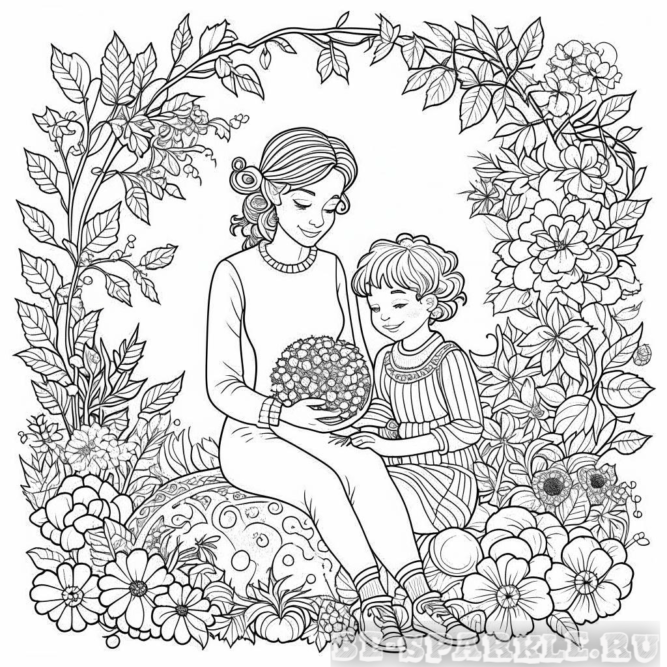 Раскраска мама с ребенком осенью