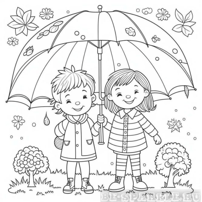 Раскраска мальчик с девочкой под зонтиком