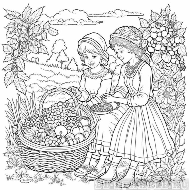 Раскраска девочки в поле с корзиной урожая