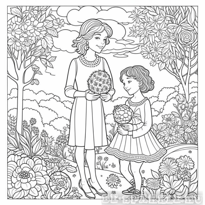 Раскраска осень для детей мама с дочкой с цветами