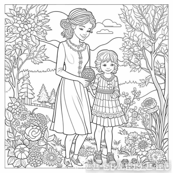 Девочка с мамой осенью раскраска