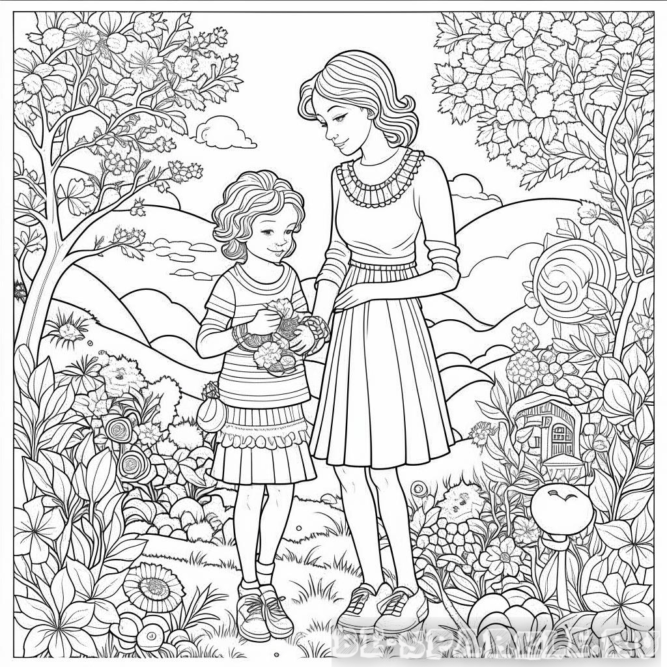 Мама с дочкой осенью раскраска для детей 6 лет