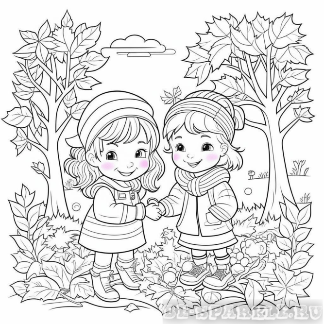 Раскраска две девочки в осеннем парке