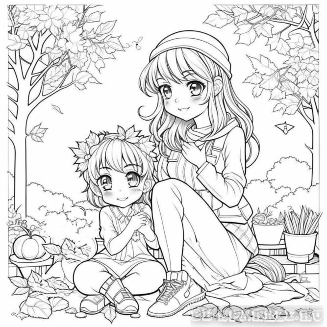 осенняя раскраска мама с девочкой сидят на земле