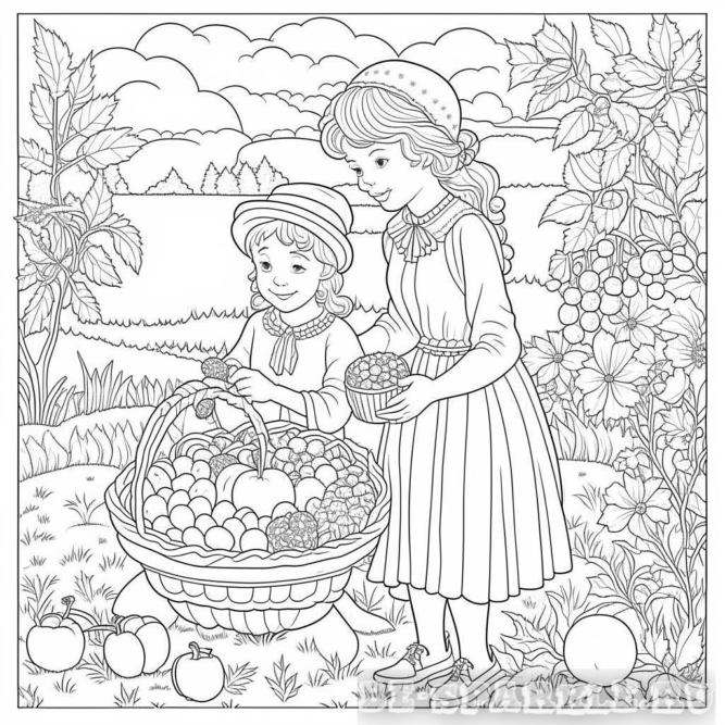 Осенью дети с корзиной урожая раскраска для детей 7 лет