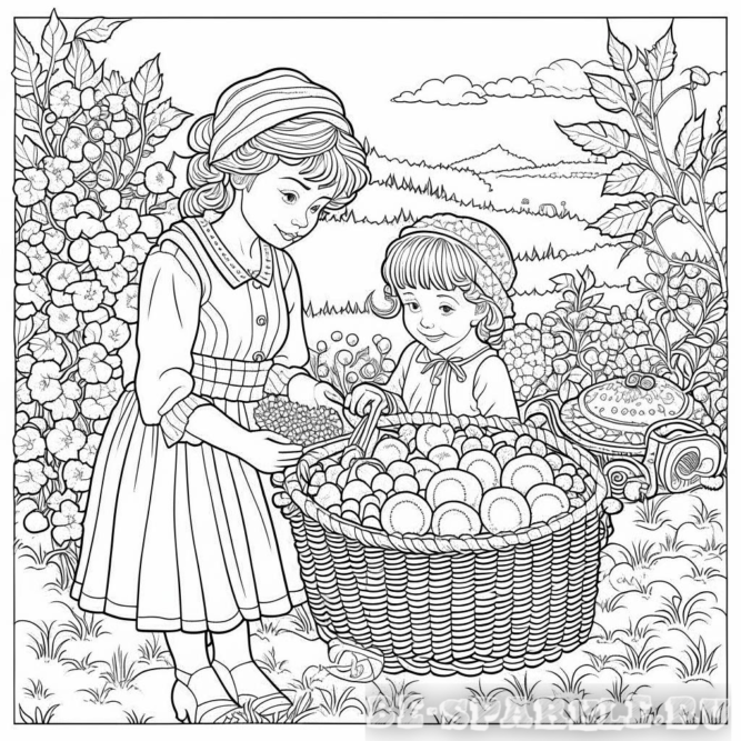 Раскраска дети с корзиной овощей осенью в поле