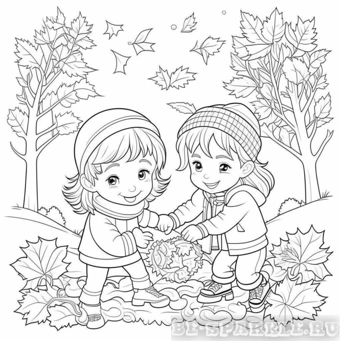 Раскраска дети поднимают листья осенью