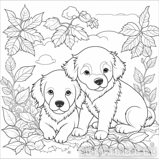 Раскраска осень два щенка