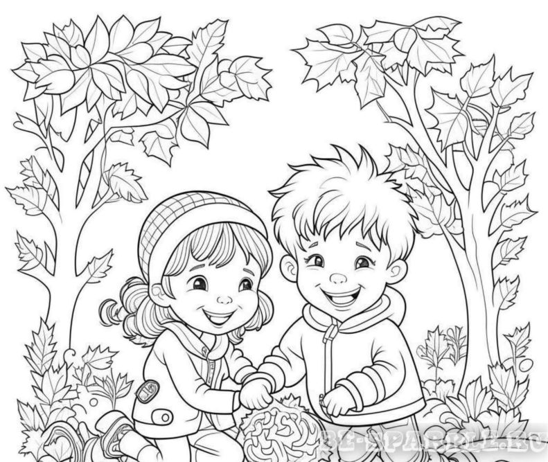 раскраска мальчик с девочкой играют осенью в парке