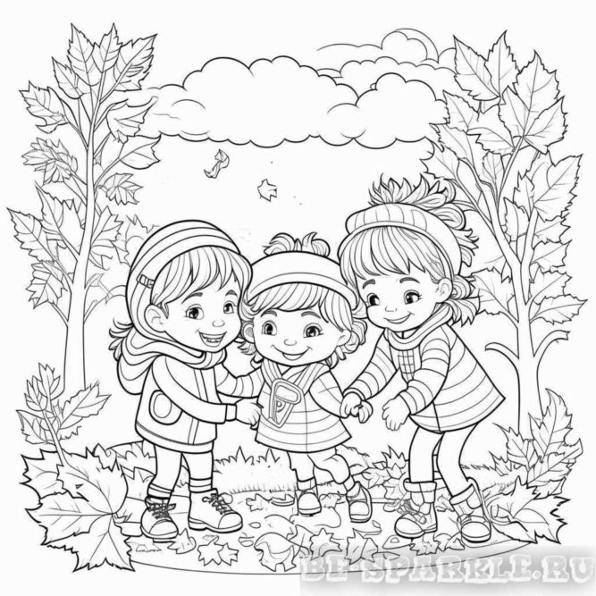 раскраска три подружки играют осенью на природе