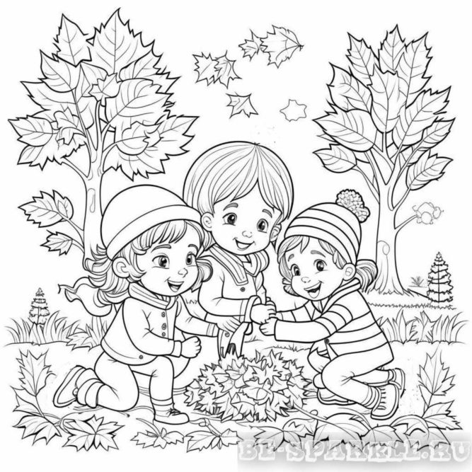 дети играют с листьями осенью раскраска