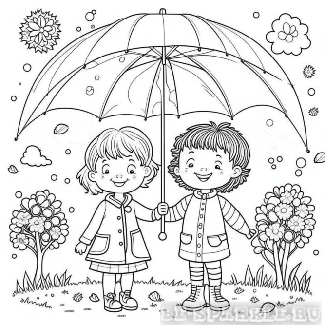 Раскраска дети с зонтом