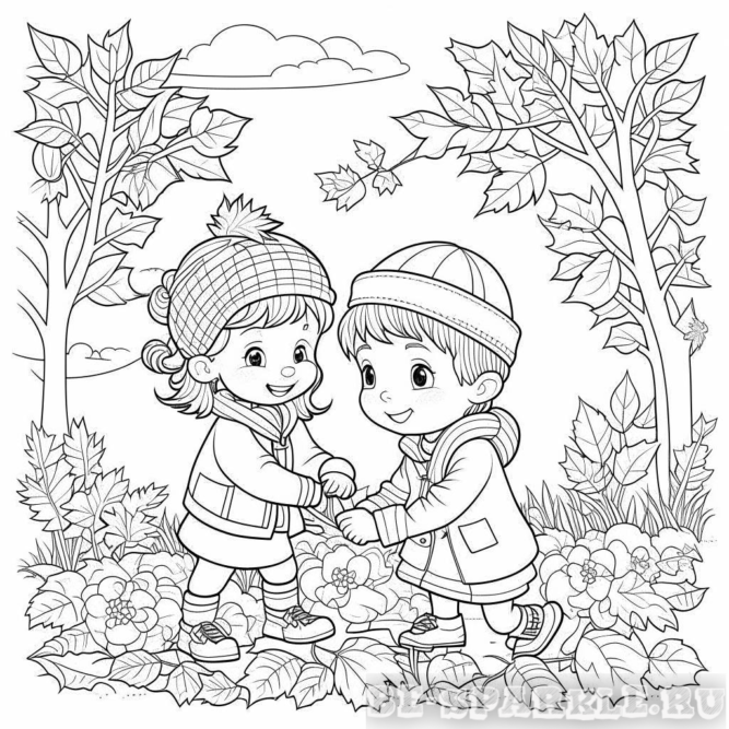 Раскраска осенью дети ходят по листьям
