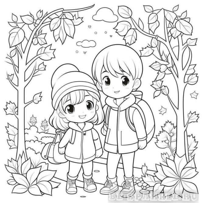 Осень раскраска мальчик и девочка с рюкзаками