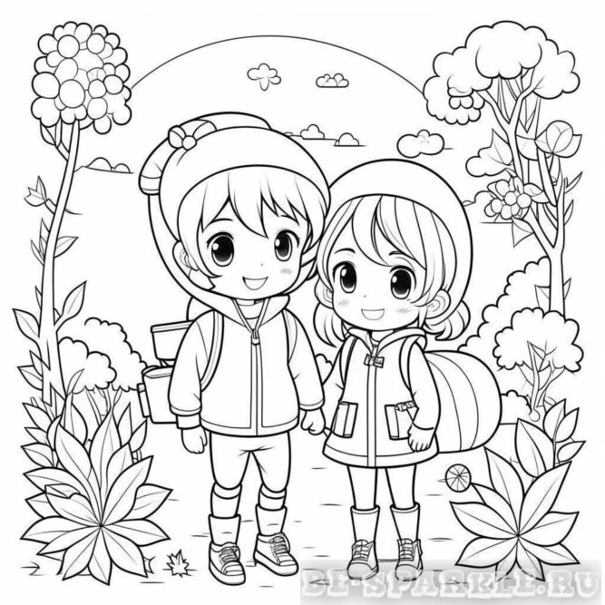 Осенняя раскраска мальчик и девочка на улице