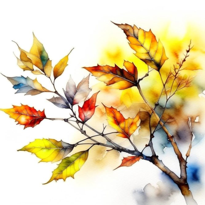 Акварелью ветка с листьями осенними