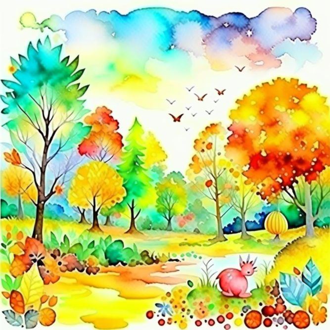 Акварельный рисунок осень в лесу