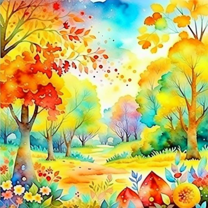 Осенний лес рисунок акварельный