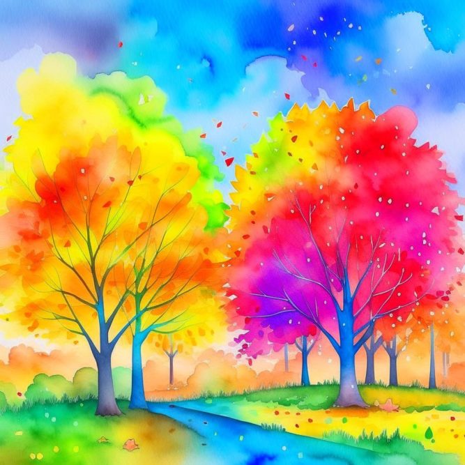 Радужная осень акварельными красками