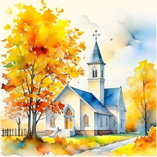 Церковь осенью акварель