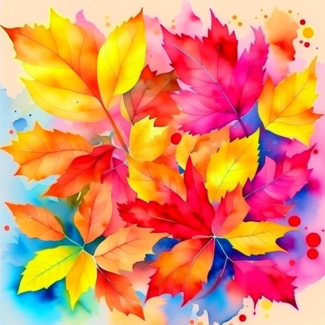 Акварелью яркие цветные листья