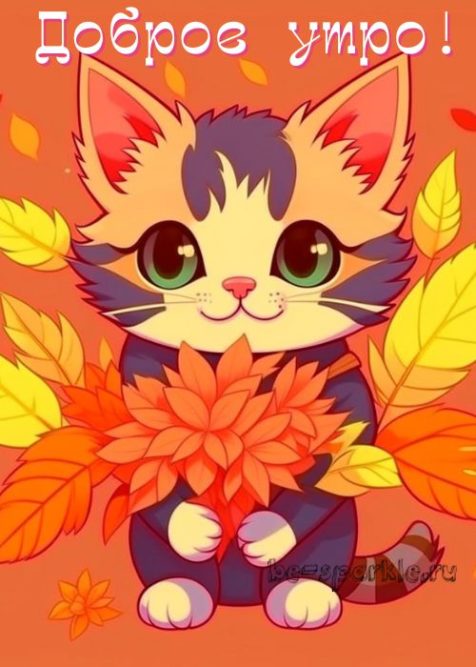 картинка доброе утро котик с букетом листьев