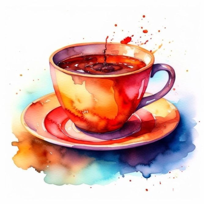 Кофе в чашке на блюдце акварельный рисунок