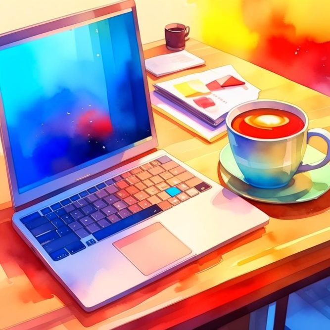 картинка чашка кофе возле ноутбука