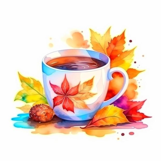 чашка кофе и осенние листья клена картинка