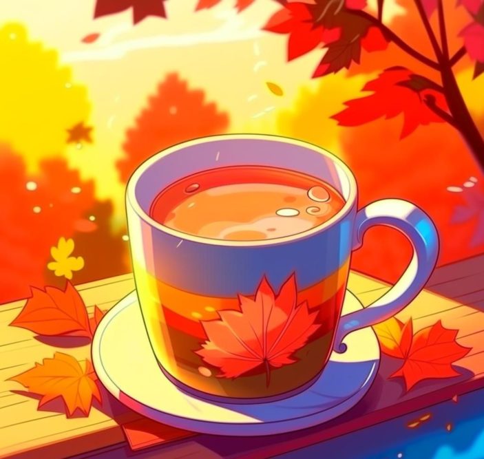 красочная картинка рисунок осенью кружка кофе на улице