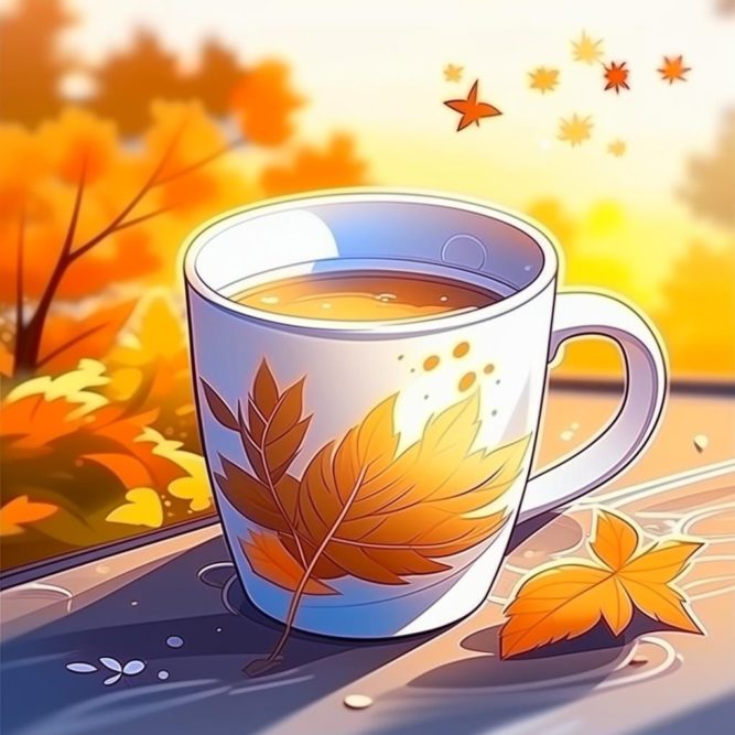 рисунок осенью кружка с кофе на природе
