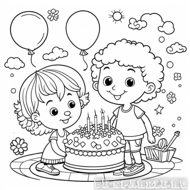 раскраска день рождения мальчик и девочка